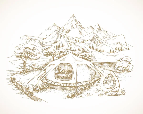 手描きグラマー風景ベクトルイラスト スタイリッシュなアームチェア 山と木のスケッチの背景を持つ居心地の良い屋外休暇テント 自然レクリエーションバンガロー落書き — ストックベクタ