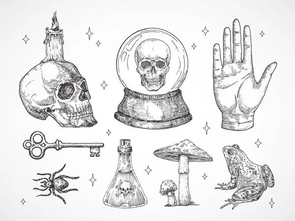 Mystical Magic Metszet Illusztrációk Készlet Kézzel Rajzolt Tetoválás Stílusú Vázlatok — Stock Vector