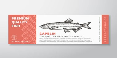 Premium Kaliteli Capelin Vektör Paket Tasarımı. Modern Tipografi ve El Yazması Balık Silueti Deniz Ürünleri Ürünleri Arkaplan Düzeni