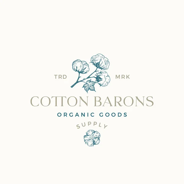 Cotton Tedarikçilerinin Logo Şablonu Retro Tipografisi Olan Çiçek Çizimli Pamuğu — Stok Vektör