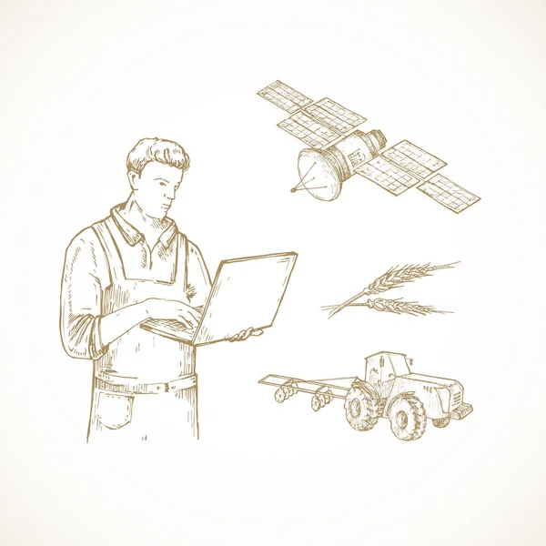 Ruční Kresba Přesné Zemědělství Vektorové Ilustrace Farmář Laptopem Provozní Traktor — Stockový vektor