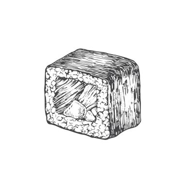 Sushi Maki Soyut Vektör İllüstrasyonu. El çizimi Asya yemekleri deniz ürünleri çizimi ile yükseliyor. Japon mutfağı çöreği. İzole edilmiş