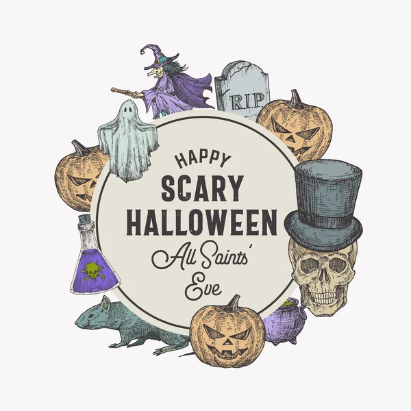 Styl Vintage Halloween Koło Ramki Szablon Etykiety Ręcznie Rysowane Witch — Wektor stockowy