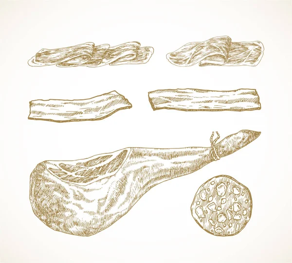 Мясо Соленья Набор Векторных Ограничений Jamon Leg Bacon Salami Sketch — стоковый вектор