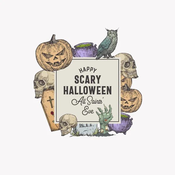Vintage Style Halloween Square Frame Label Template Handgetekende Sculls Evil — Stockvector