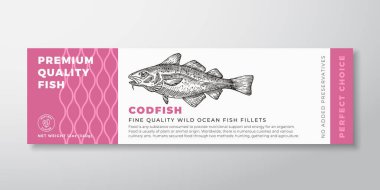 Birinci kalite morina balığı vektör ambalaj etiketi tasarımı. Modern Typography and Hand Drawn Morina Balığı Silueti Deniz Ürünleri Ürünleri Arkaplan Düzeni