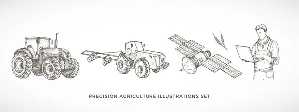 Precision Agriculture Vector Illustrations Set Hand Drawn Farmer Laptop Operating — Stock Vector