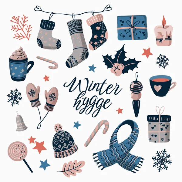 Winterhygge Artikel Illustrationen Set Heimelige Weihnachtsfeier Geschenke Und Kerzen Zuckerstangen — Stockvektor
