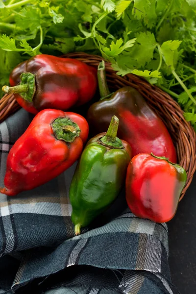 Some Fresh Red Chili Pepper Basket Fresh Coriander Black Wooden — Stockfoto