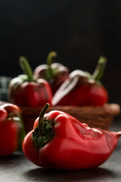 Some Fresh Red Chili Pepper Basket Black Wooden Table — Stockfoto