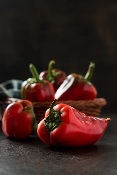 Some Fresh Red Chili Pepper Basket Black Wooden Table — Foto Stock