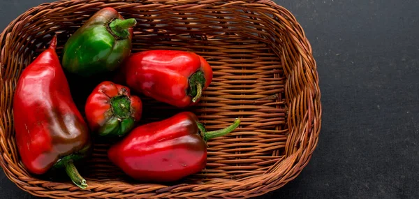 Some Fresh Red Chili Pepper Basket Black Wooden Table — Foto Stock