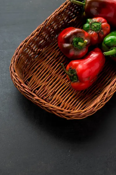 Some Fresh Red Chili Pepper Basket Black Wooden Table — Stockfoto