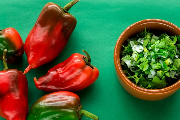 Some Fresh Red Chili Pepper Basket Fresh Coriander Green Surface — Stockfoto