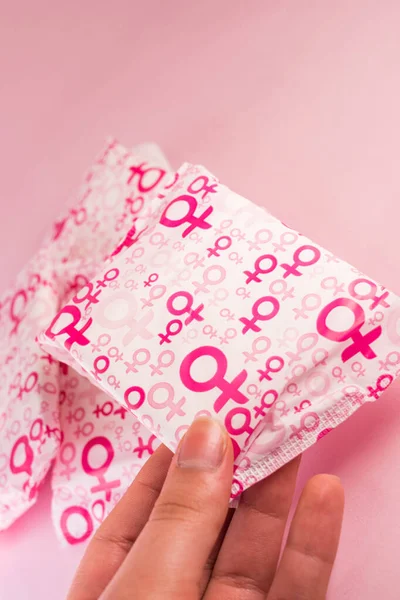 Hand Holding Sanitary Napkin Women Symbol Pink Background — Photo