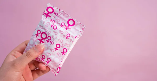 Hand Holding Sanitary Napkin Women Symbol Pink Background Imagem De Stock