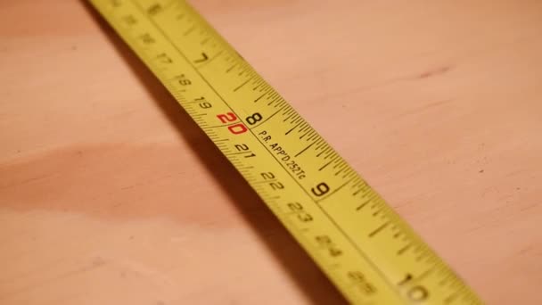 Carpenter Taking Wooden Table Measurements Some Tools — Vídeos de Stock