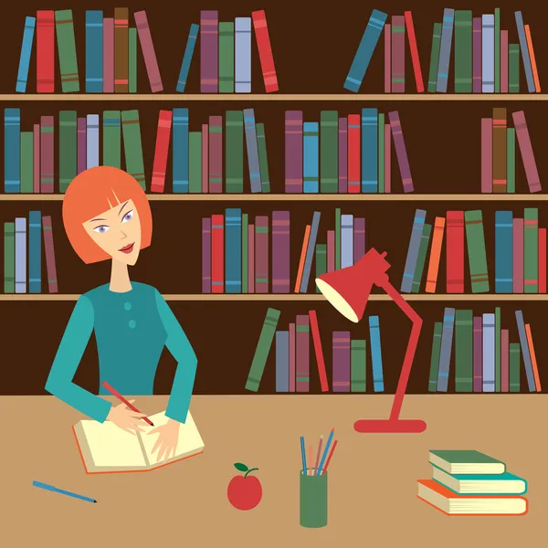 Μια νεαρή γυναίκα που εργάζεται σε μια βιβλιοθήκη — Διανυσματικό Αρχείο