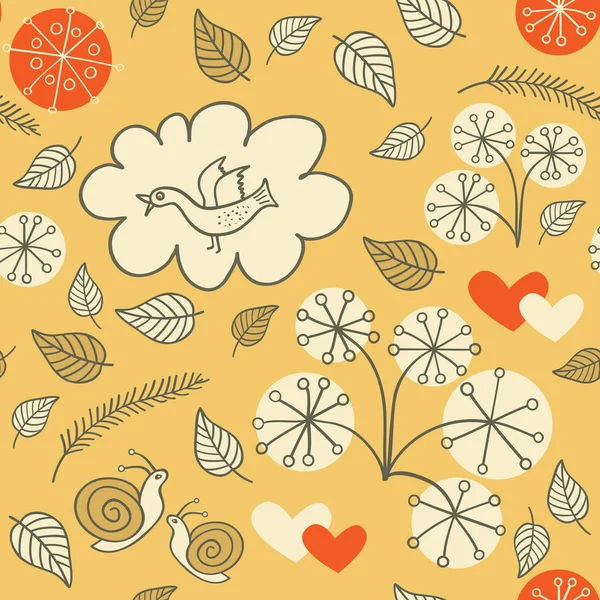 Seamless floral pattern with a bird flying and hearts — Stock Vector