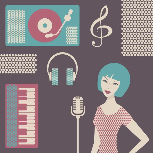 Giovane cantante femminile con microfono in studio — Vettoriale Stock
