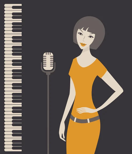 Cantante femminile con supporto per microfono e tastiera per pianoforte — Vettoriale Stock