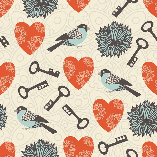Sevgililer tuşları, kalp, kuşlar ile seamless modeli