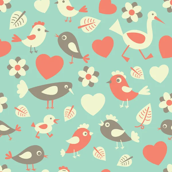 Motif sans couture avec des oiseaux et des cœurs — Image vectorielle