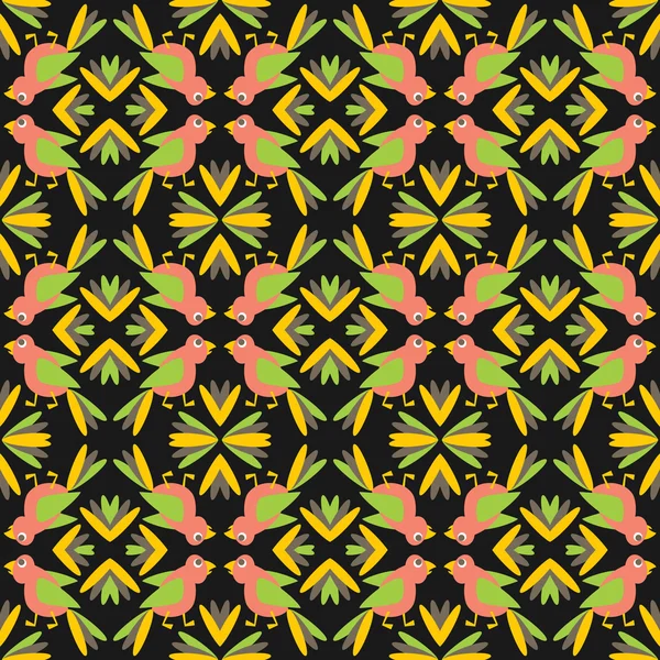Nahtloses kaleidoskopisches Muster mit Papageien und tropischen Blumen — Stockvektor
