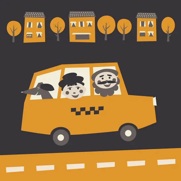 Yolcular ile komik taksi araba — Stok Vektör