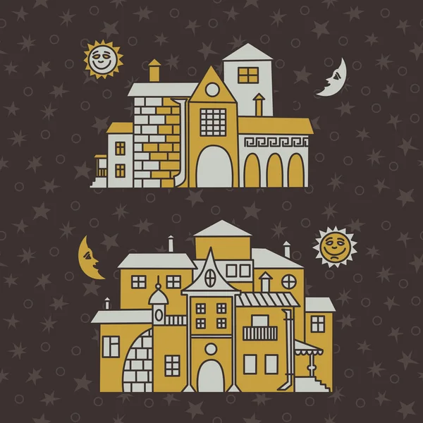 Duas casas fabulosas no céu estrela da noite — Vetor de Stock