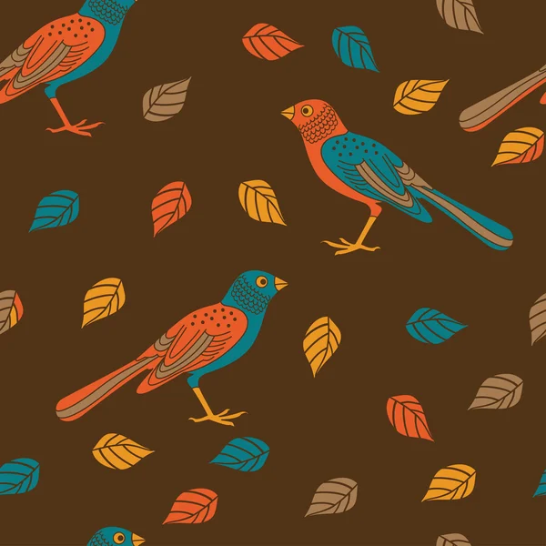 Hladký vzor s ptáky a listy — Stockový vektor