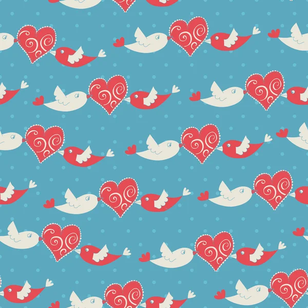Modèle romantique avec des oiseaux et des cœurs — Image vectorielle