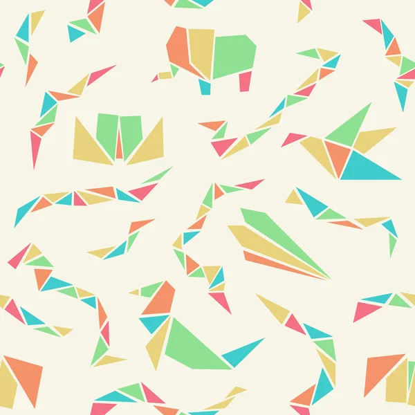 Seamless mönster med färgglada origami djur och föremål på vit bakgrund Vektorgrafik