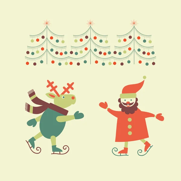 Jul och nyår Gratulationskort med tomte och rådjur Royaltyfria illustrationer