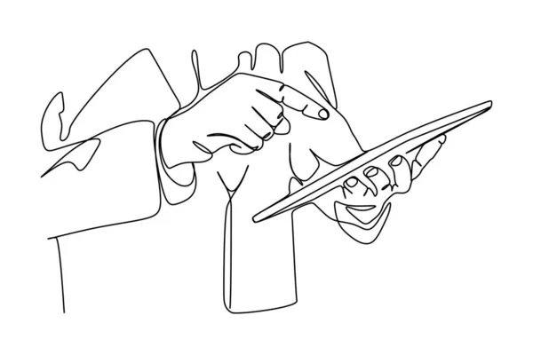 タッチスクリーンタブレットコンピュータを使用して男の閉鎖の連続シングルライン図面 細い線画で手描き ベクトルイラスト — ストックベクタ