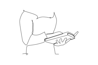 Devamlı kadın çizimleri kitap okuyor. Kadın bir şeyler öğrenen bir kitap okuyor. Beyaz arkaplanda izole edilmiş vektör illüstrasyonu