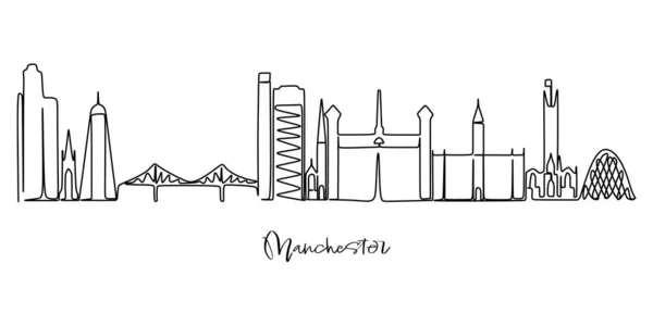 Sigle Line Drawing Manchester City Skyline Inglés Ciudad Paisaje Rascacielos — Vector de stock