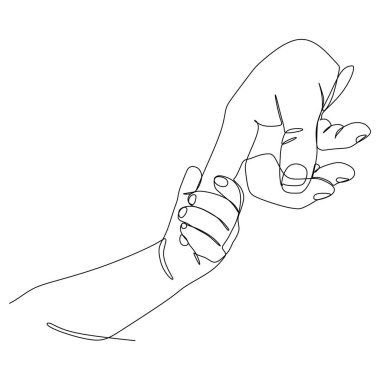 Ebeveyn ve çocuk eli sürekli çizgi çizimi tasarımı. El hareketlerinin işareti ve sembolü. Tek ve sürekli çizim çizgisi. El çizimi resim karalaması beyaz arkaplan resimlerinde izole edildi.