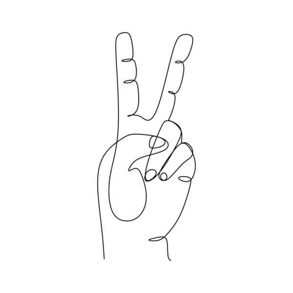 连续线条绘制设计矢量图解 V字母手势和手势符号 单行连续绘图线 在白色背景图上孤立的手绘风格的涂鸦 — 图库矢量图片