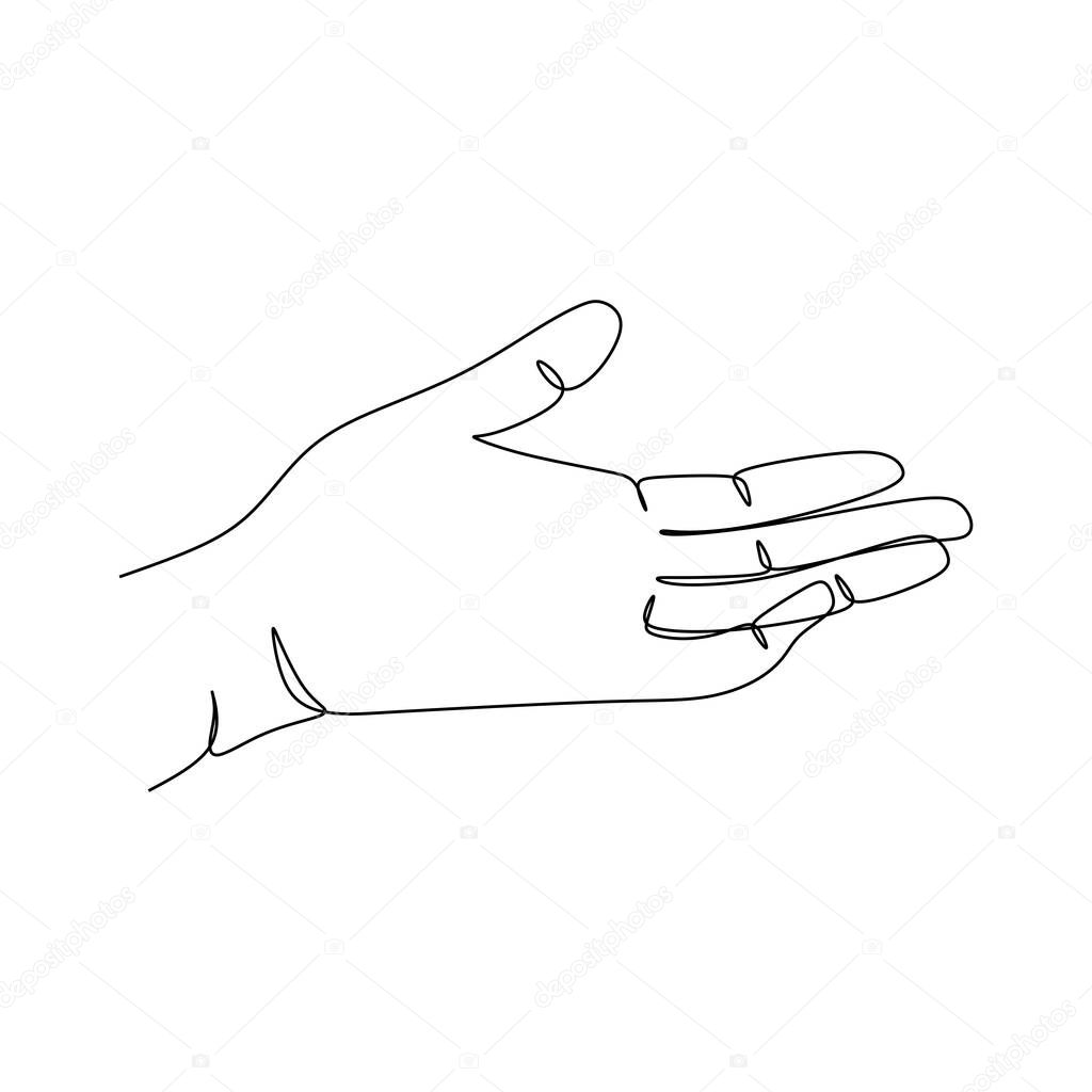 open palm continuous line draw design vector illustration. Sign and symbol of hand gestures. Single continuous drawing line. Hand drawn style art doodle isolated on white background illustration.