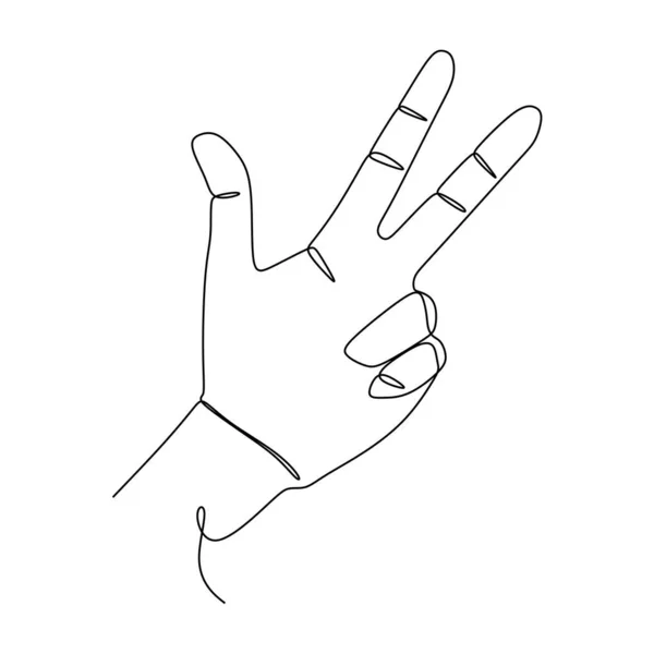 Number Three Hand Gesture Language Alphabet Continuous Line Drawing Design — стоковый вектор