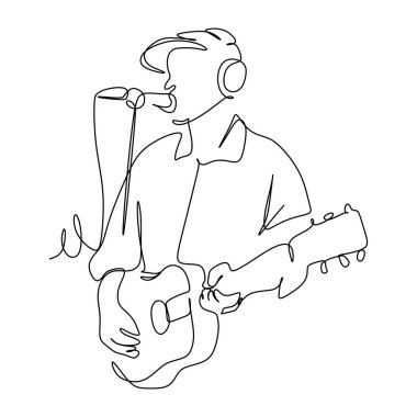 Bir erkek şarkıcının sürekli bir şarkı söyleyip müzik çaldığı tek satır çizimi. Müzisyen performans konseptinin temsilcisi 