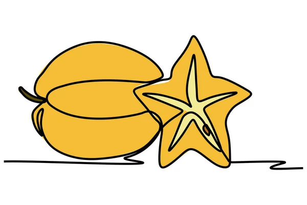 Single continuous line drawing of  yellow star fruits. Simple flat color hand drawn style vector illustration for tropical natural and healthy living concept
