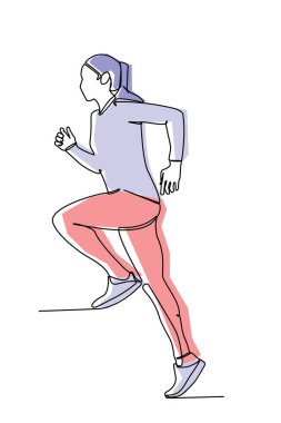 single line drawing of a beautiful young woman running. Simple flat colored hand drawn style design for sport and healthy life concept