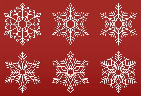 Установить Векторные Снежинки Коллекция Зимнего Украшения Снежинки Изолированный Красном Фоне — стоковый вектор