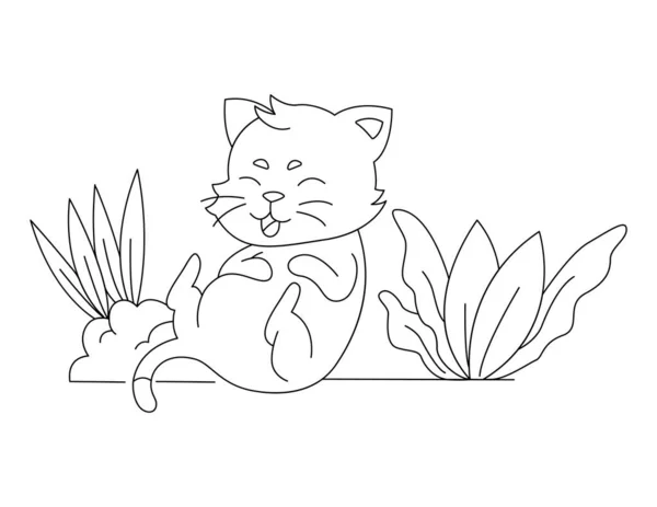 Niedliche Katze Mit Blättern Und Blumen Vektor Illustration Design — Stockvektor