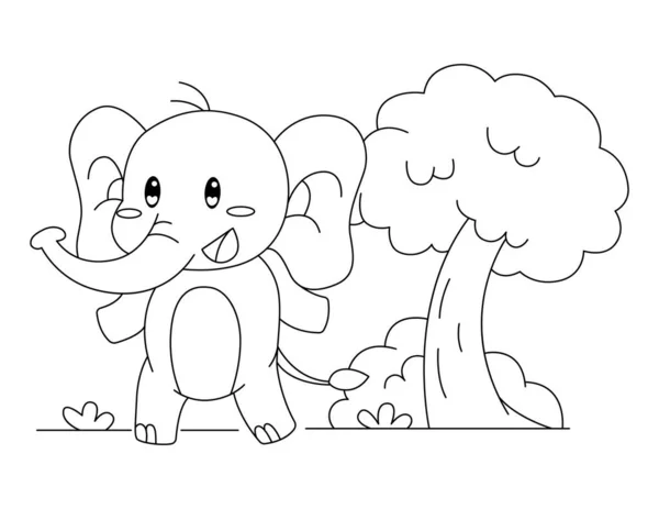 Kartun Gajah Lucu Dengan Daun Dan Gambar Vektor Hitam - Stok Vektor