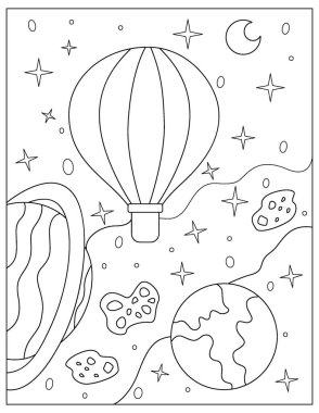 Çocuklar için dış uzay boyama sayfasında hava balonu