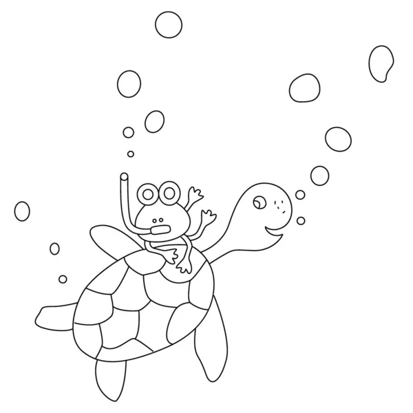 Coloring Page Turtle Animal Black White Cute Hand Drawn Doodle — Wektor stockowy