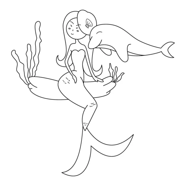 Vektor Ilustrasi Putri Duyung Dengan Lumba Lumba - Stok Vektor
